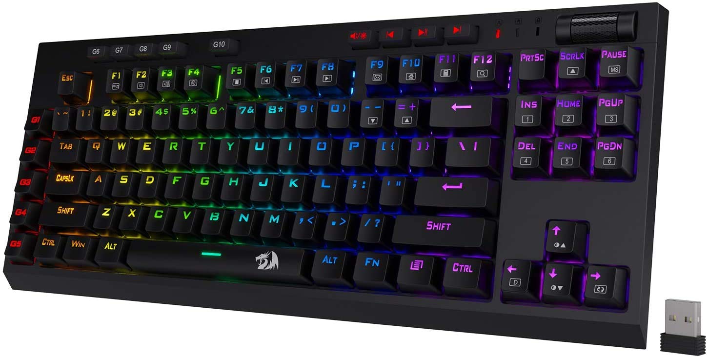 Redragon K596 Vishnu 2.4G Wireless/Wired RGB Mechanical Gaming Keyboard, 87 Keys TKL Compact Keyboard w/Durable Battery, 10 Onboard Macro Keys & Wrist Rest, 10H Play Time, Red Switches Redragon K596 Vishnu 2.4G Wireless/Wired RGB Mechanical Gaming Keyboard, 87 Keys TKL Compact Keyboard w/Durable Battery, 10 Onboard Macro Keys & Wrist Rest, 10H Play Time, Red Switches